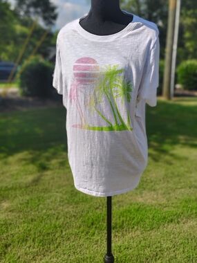 Lane Bryant White Tee with Pink and Lime Palm Graphic